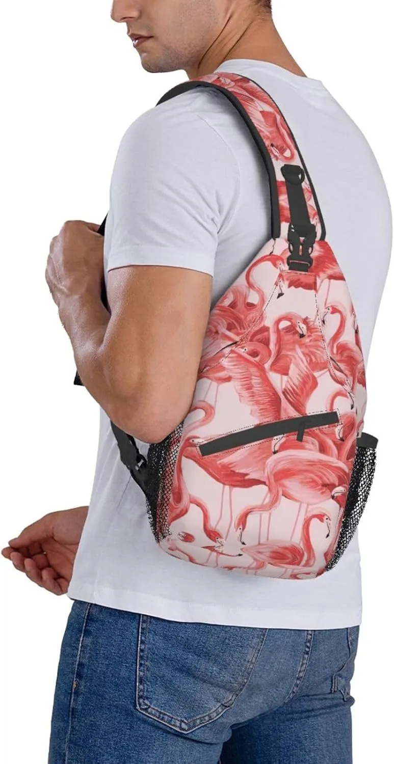 Flamingo Bird Round Leaves Unisex Crossbody Backpack Travel Hiking Casual Chest Bags Lightweight Fashion