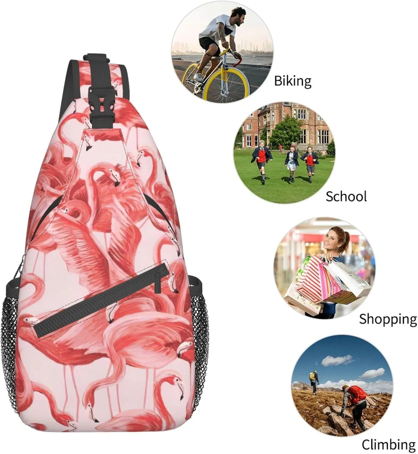 Flamingo Bird Round Leaves Unisex Crossbody Backpack Travel Hiking Casual Chest Bags Lightweight Fashion