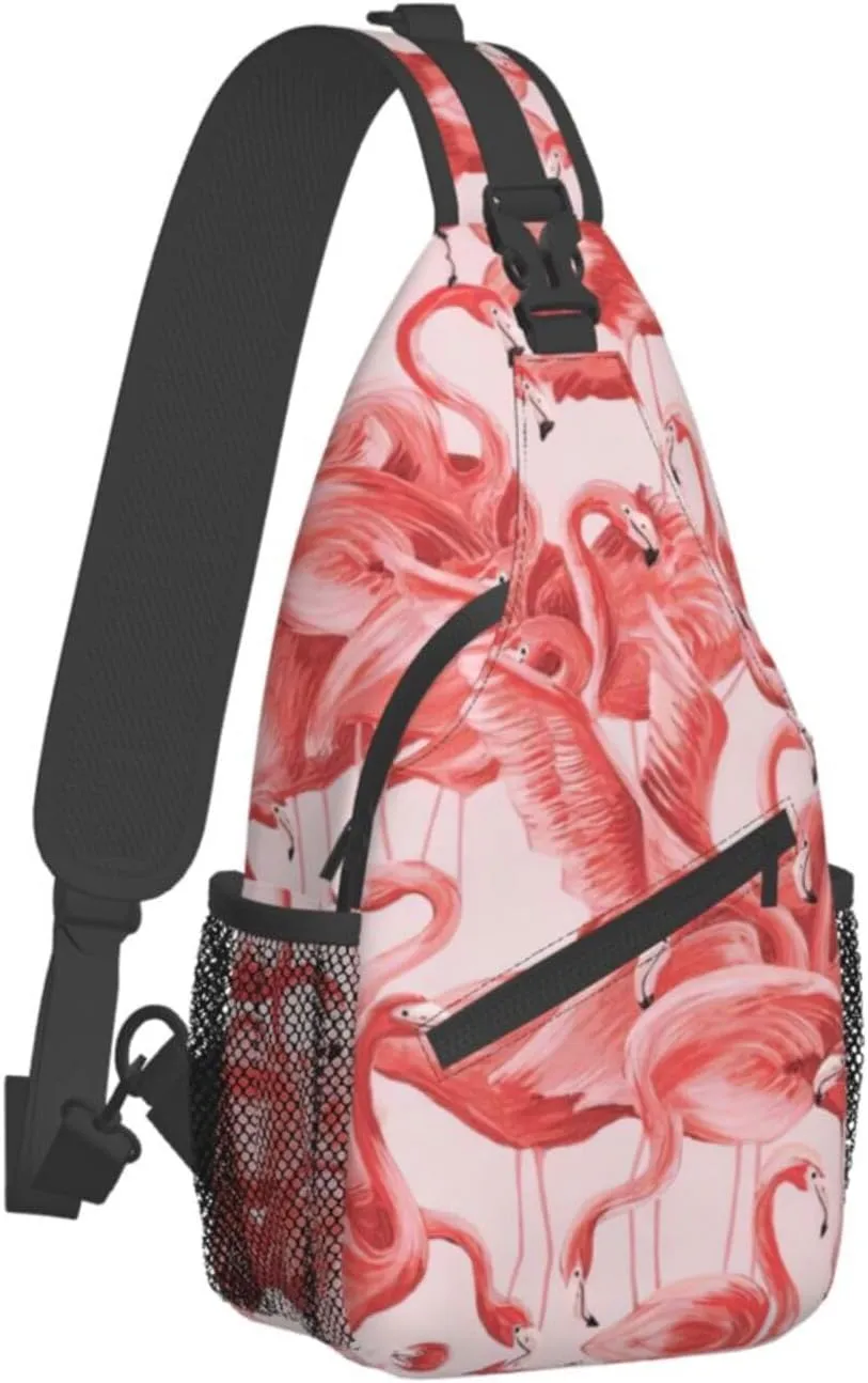 Flamingo Bird Round Leaves Unisex Crossbody Backpack Travel Hiking Casual Chest Bags Lightweight Fashion