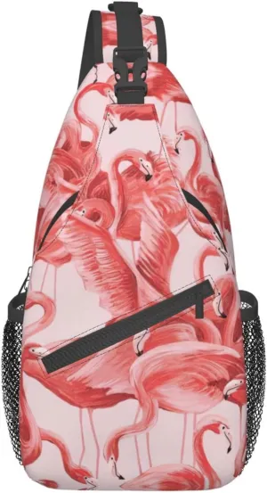 Flamingo Bird Round Leaves Unisex Crossbody Backpack Travel Hiking Casual Chest Bags Lightweight Fashion