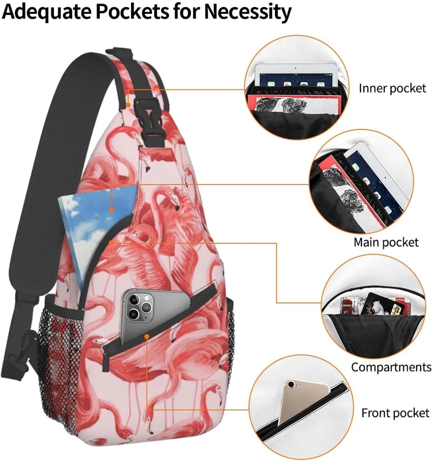 Flamingo Bird Round Leaves Unisex Crossbody Backpack Travel Hiking Casual Chest Bags Lightweight Fashion