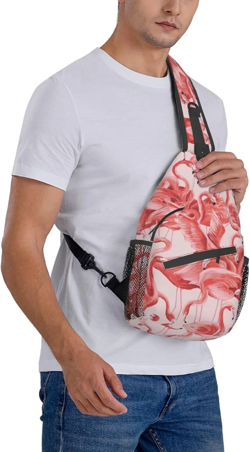 Flamingo Bird Round Leaves Unisex Crossbody Backpack Travel Hiking Casual Chest Bags Lightweight Fashion