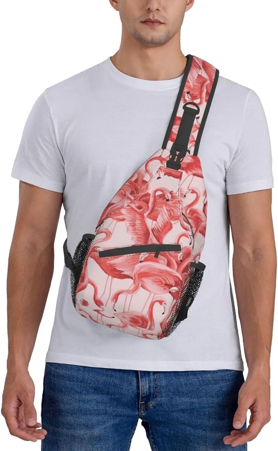 Flamingo Bird Round Leaves Unisex Crossbody Backpack Travel Hiking Casual Chest Bags Lightweight Fashion