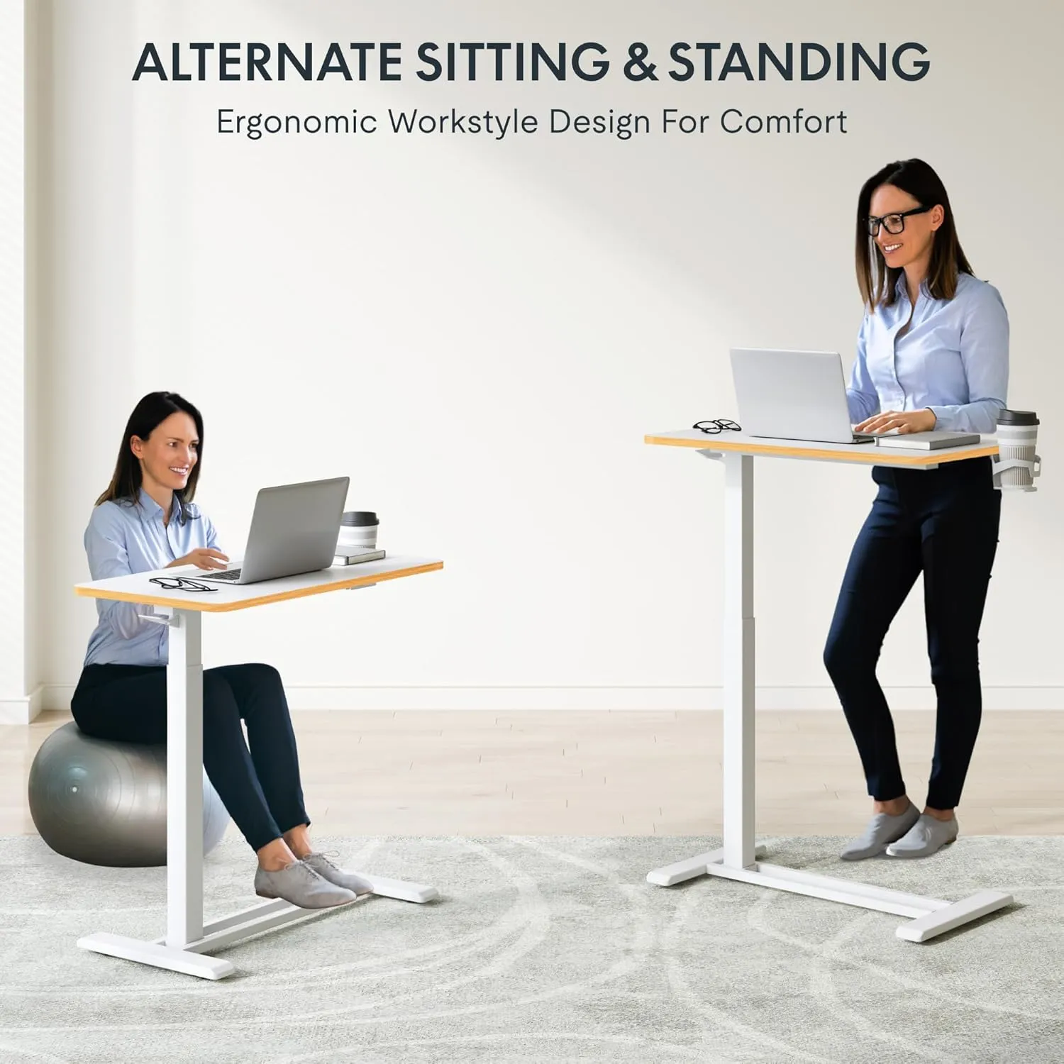 FLEXISPOT Mobile Standing Desk with Wheels Pneumatic Laptop Desk Rolling Computer Cart Movable Height Adjustable Small Sit Stand Desk Computer Workstations Home Use（27.6" W x 15.7" D,White Maple