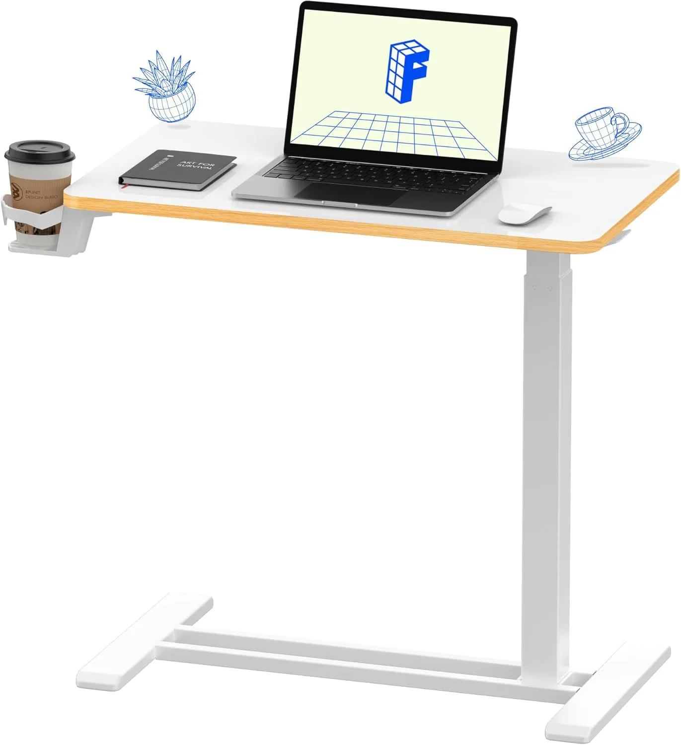 FLEXISPOT Mobile Standing Desk with Wheels Pneumatic Laptop Desk Rolling Computer Cart Movable Height Adjustable Small Sit Stand Desk Computer Workstations Home Use（27.6" W x 15.7" D,White Maple