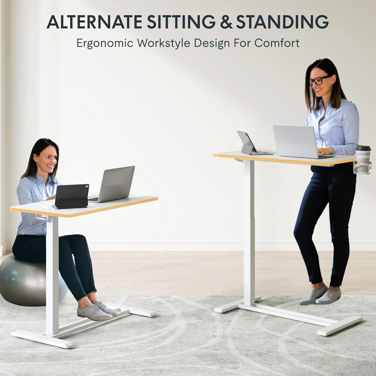 FLEXISPOT Mobile Standing Desk with Wheels Pneumatic Laptop Rolling Computer Cart Movable Height Adjustable Small Sit Stand Desk Computer Workstations Home Use（31.5" W x 17.7" D,White Maple