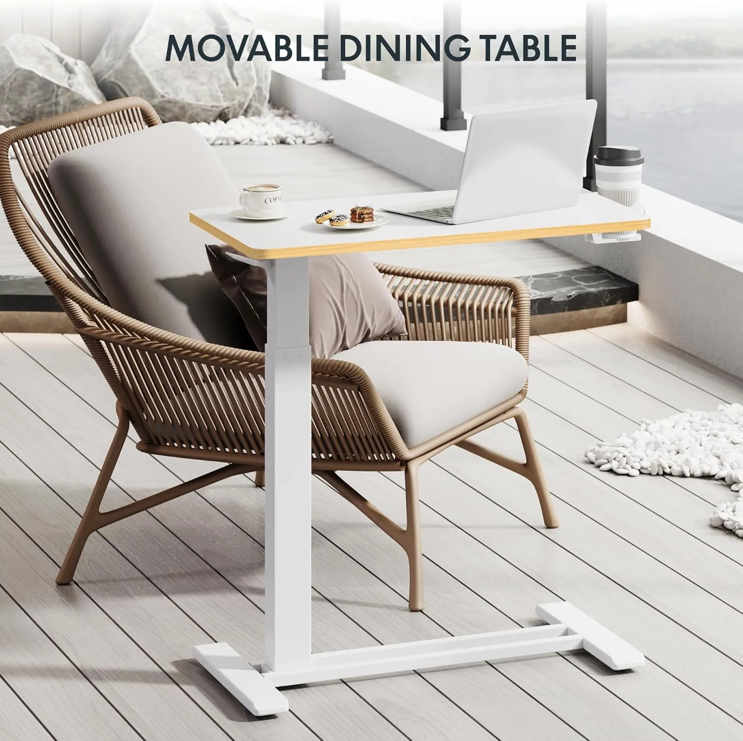 FLEXISPOT Mobile Standing Desk with Wheels Pneumatic Laptop Rolling Computer Cart Movable Height Adjustable Small Sit Stand Desk Computer Workstations Home Use（31.5" W x 17.7" D,White Maple