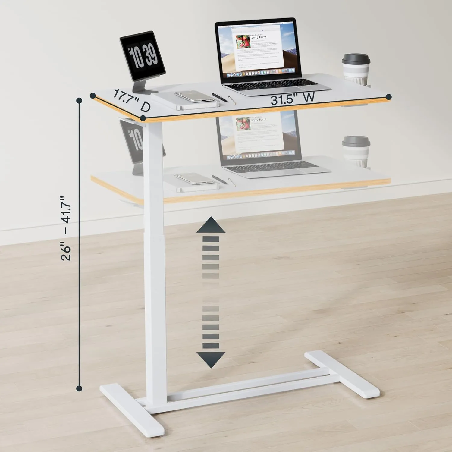 FLEXISPOT Mobile Standing Desk with Wheels Pneumatic Laptop Rolling Computer Cart Movable Height Adjustable Small Sit Stand Desk Computer Workstations Home Use（31.5" W x 17.7" D,White Maple