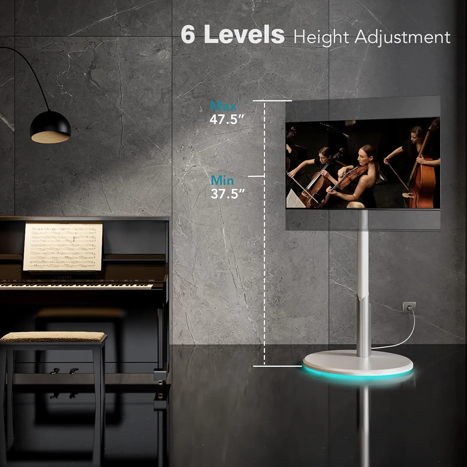 Floor Mobile TV Stand with Power Outlet, Rolling TV Cart for 27-65 Inch OLED LED Monitors, 6 Levels of Height Adjustment, Ambient Lighting on The Bottom Wheels Holds up to 88lbs, 400x400mm