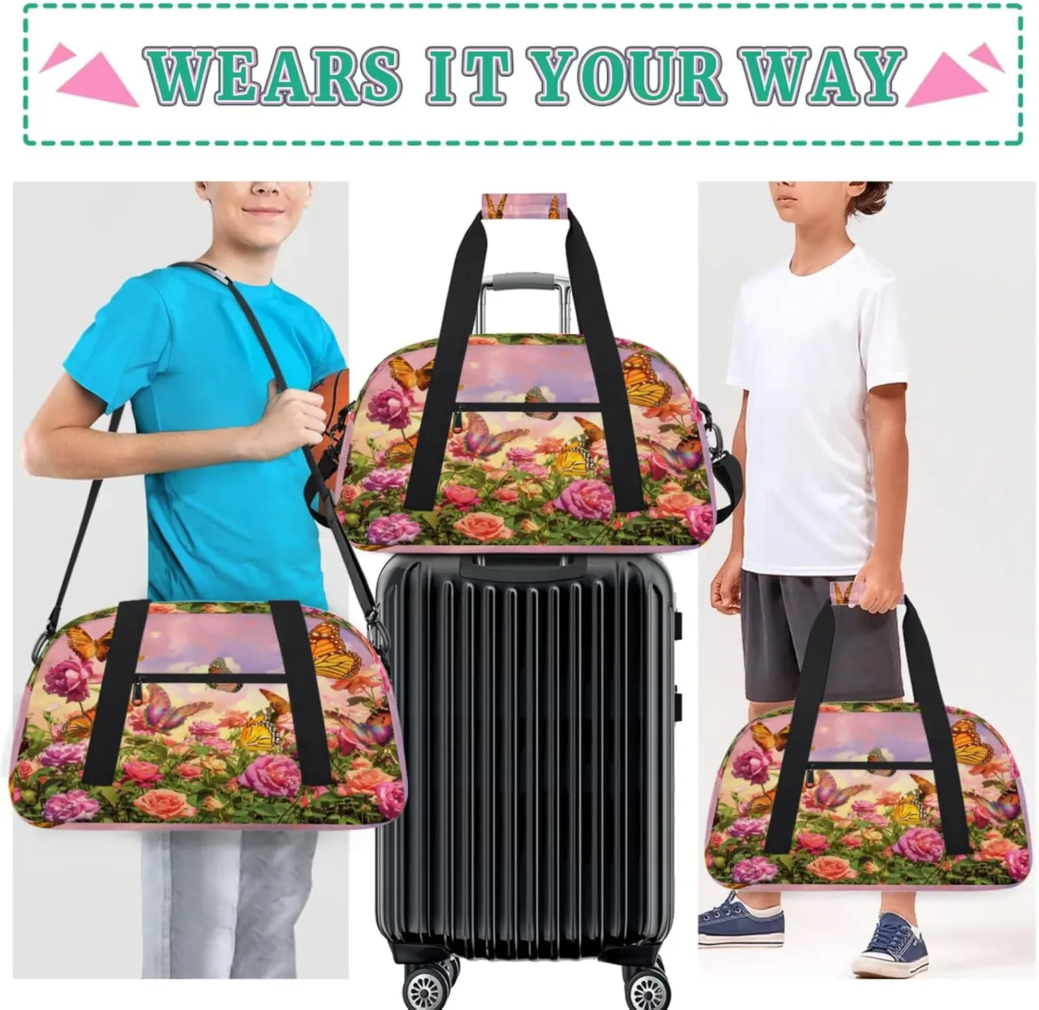 Flower Butterfly Gym Bag for Women Men, Sports Travel Duffel Bag Lightweight Workout Bag Carry On Overnight Weekender Bag