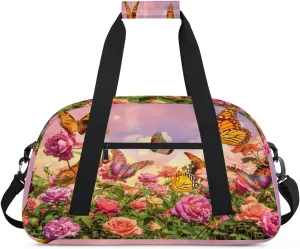 Flower Butterfly Gym Bag for Women Men, Sports Travel Duffel Bag Lightweight Workout Bag Carry On Overnight Weekender Bag