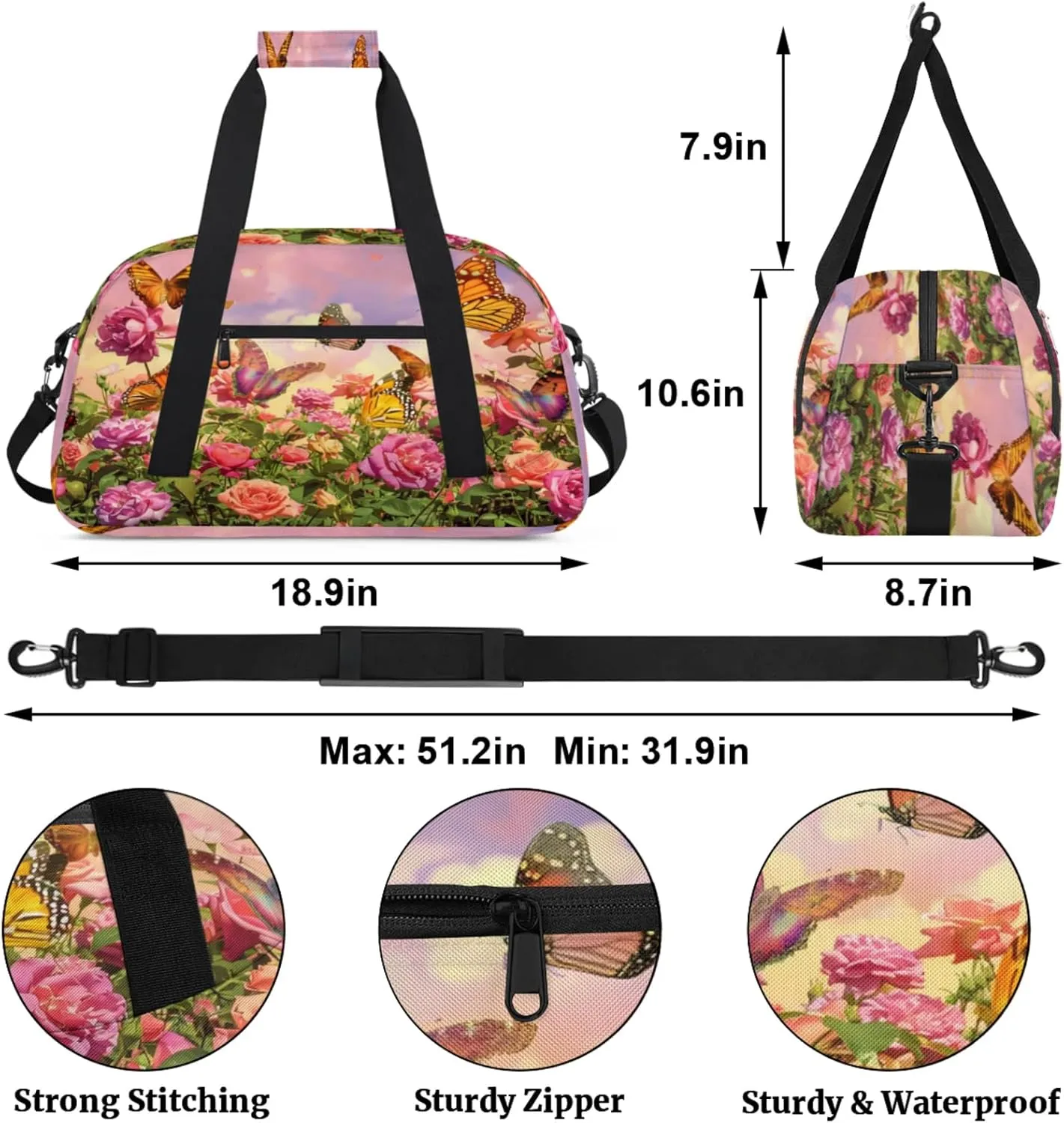Flower Butterfly Gym Bag for Women Men, Sports Travel Duffel Bag Lightweight Workout Bag Carry On Overnight Weekender Bag