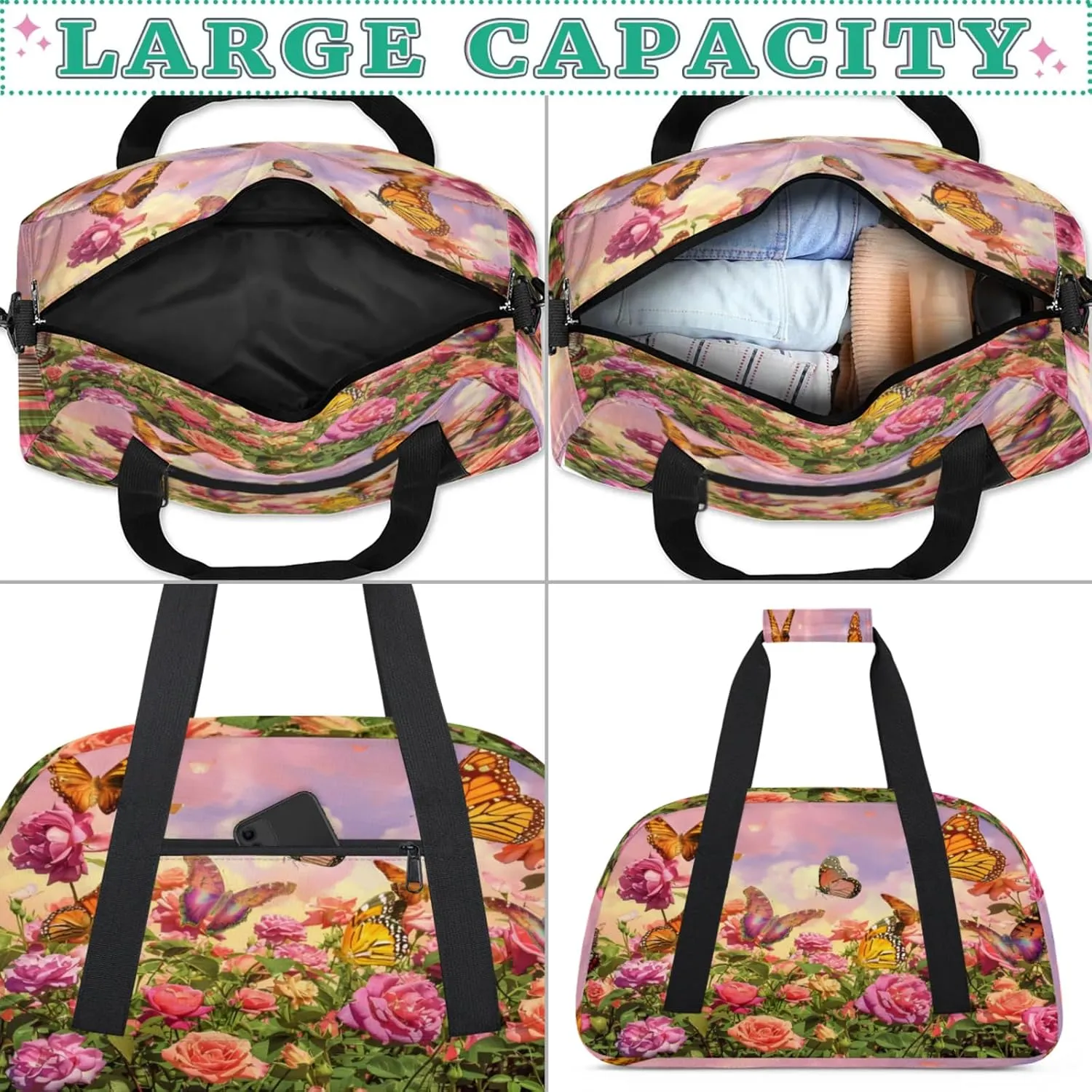 Flower Butterfly Gym Bag for Women Men, Sports Travel Duffel Bag Lightweight Workout Bag Carry On Overnight Weekender Bag
