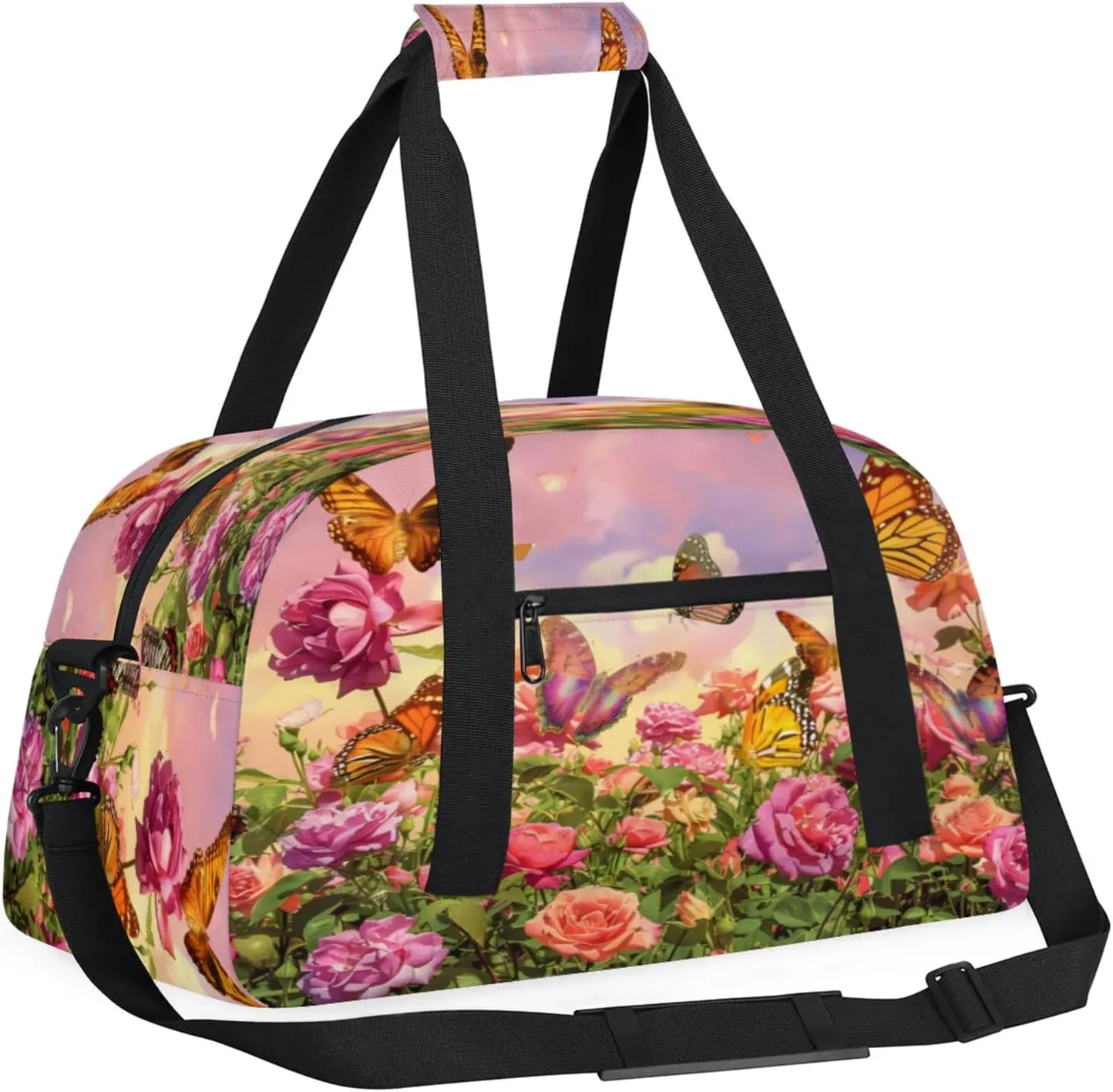 Flower Butterfly Gym Bag for Women Men, Sports Travel Duffel Bag Lightweight Workout Bag Carry On Overnight Weekender Bag