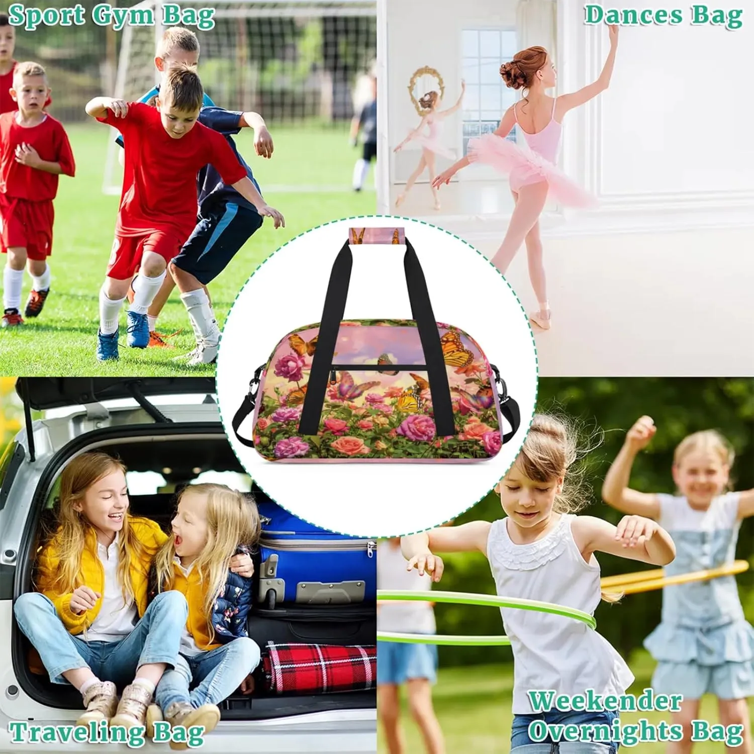 Flower Butterfly Gym Bag for Women Men, Sports Travel Duffel Bag Lightweight Workout Bag Carry On Overnight Weekender Bag