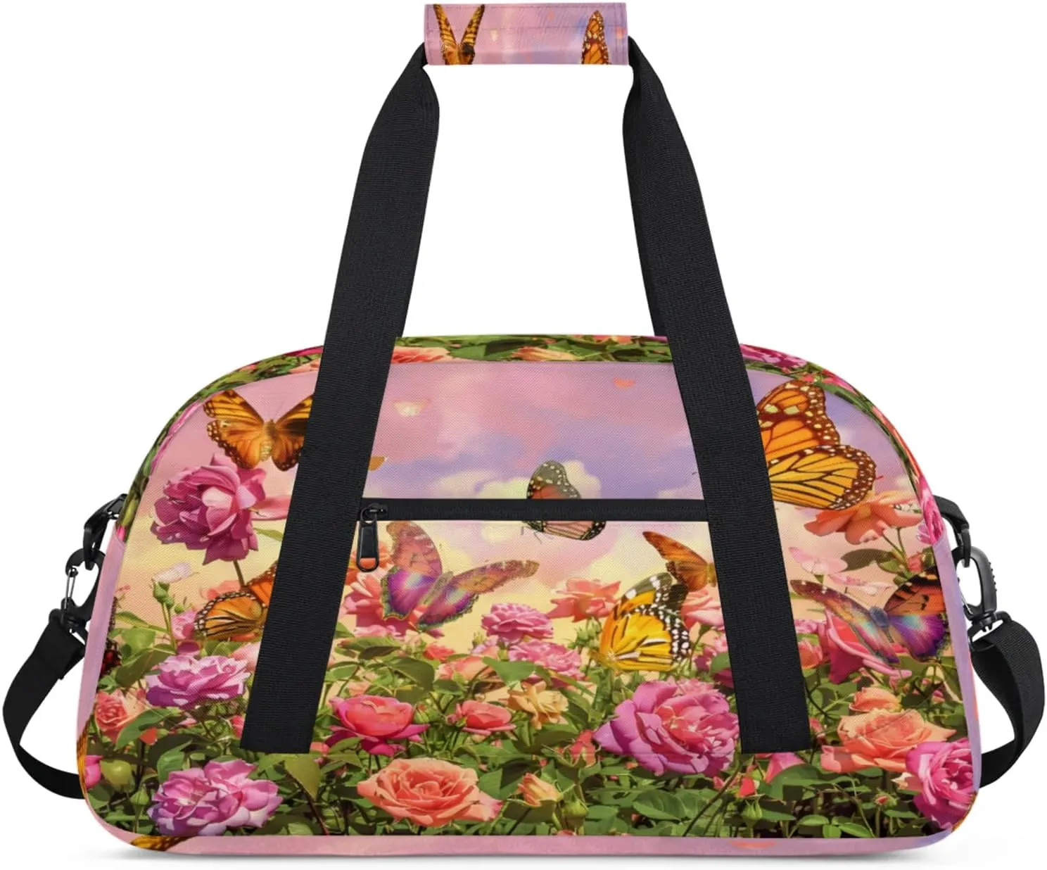 Flower Butterfly Gym Bag for Women Men, Sports Travel Duffel Bag Lightweight Workout Bag Carry On Overnight Weekender Bag
