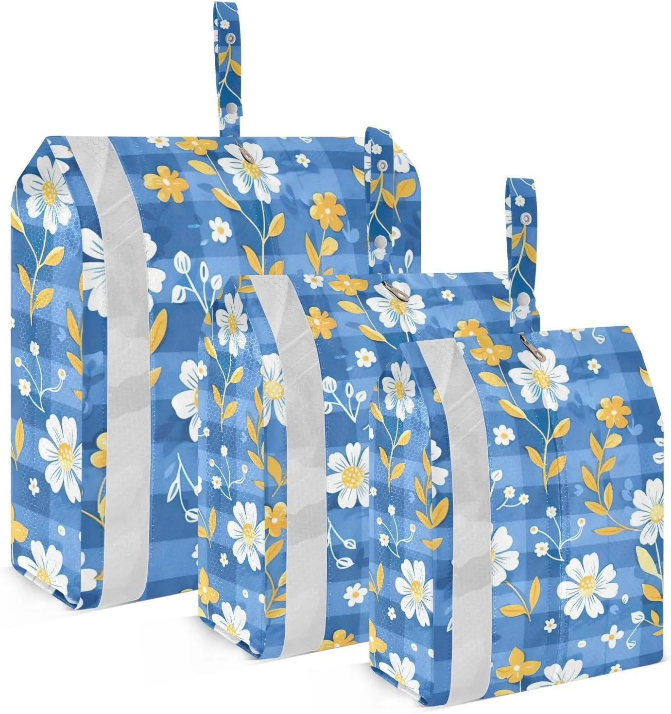 Flowers Gingham Travel Storage Bag with Lanyard - Portable Lightweight Classified Storage Bag with Zipper, Dust and Waterproof Travel Packing Cube for Suitcase,3 Pieces
