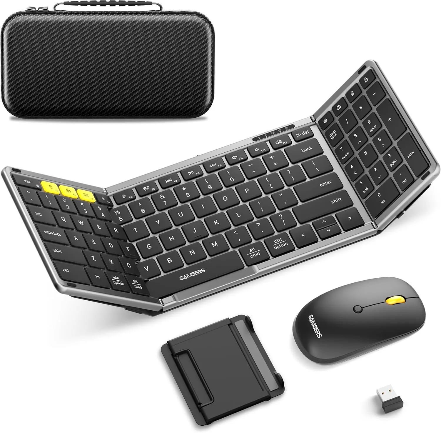 Foldable Keyboard and Mouse, Samsers Folding Bluetooth Keyboard Combo, 2.4G   BT5.0 x 2, Full-Size Portable Travel Keyboard & USB-C Rechargeable Wireless Mouse for Windows Android iOS Mac OS
