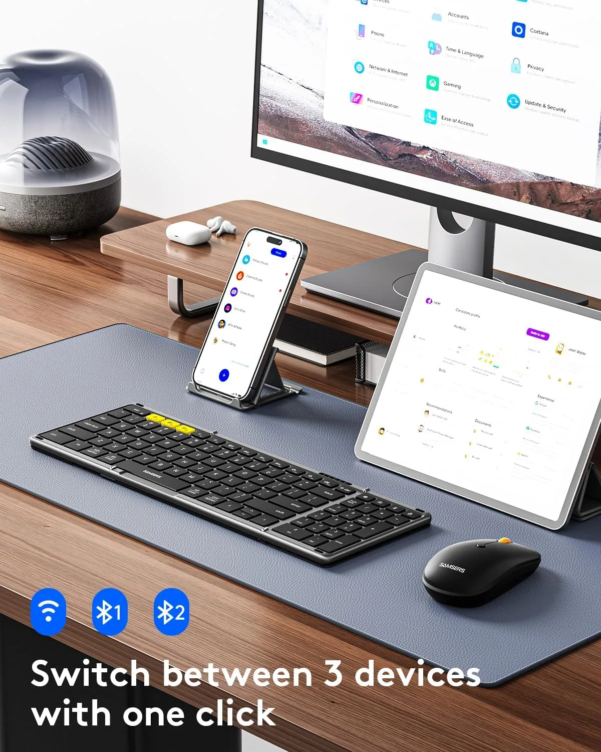 Foldable Keyboard and Mouse, Samsers Folding Bluetooth Keyboard Combo, 2.4G   BT5.0 x 2, Full-Size Portable Travel Keyboard & USB-C Rechargeable Wireless Mouse for Windows Android iOS Mac OS