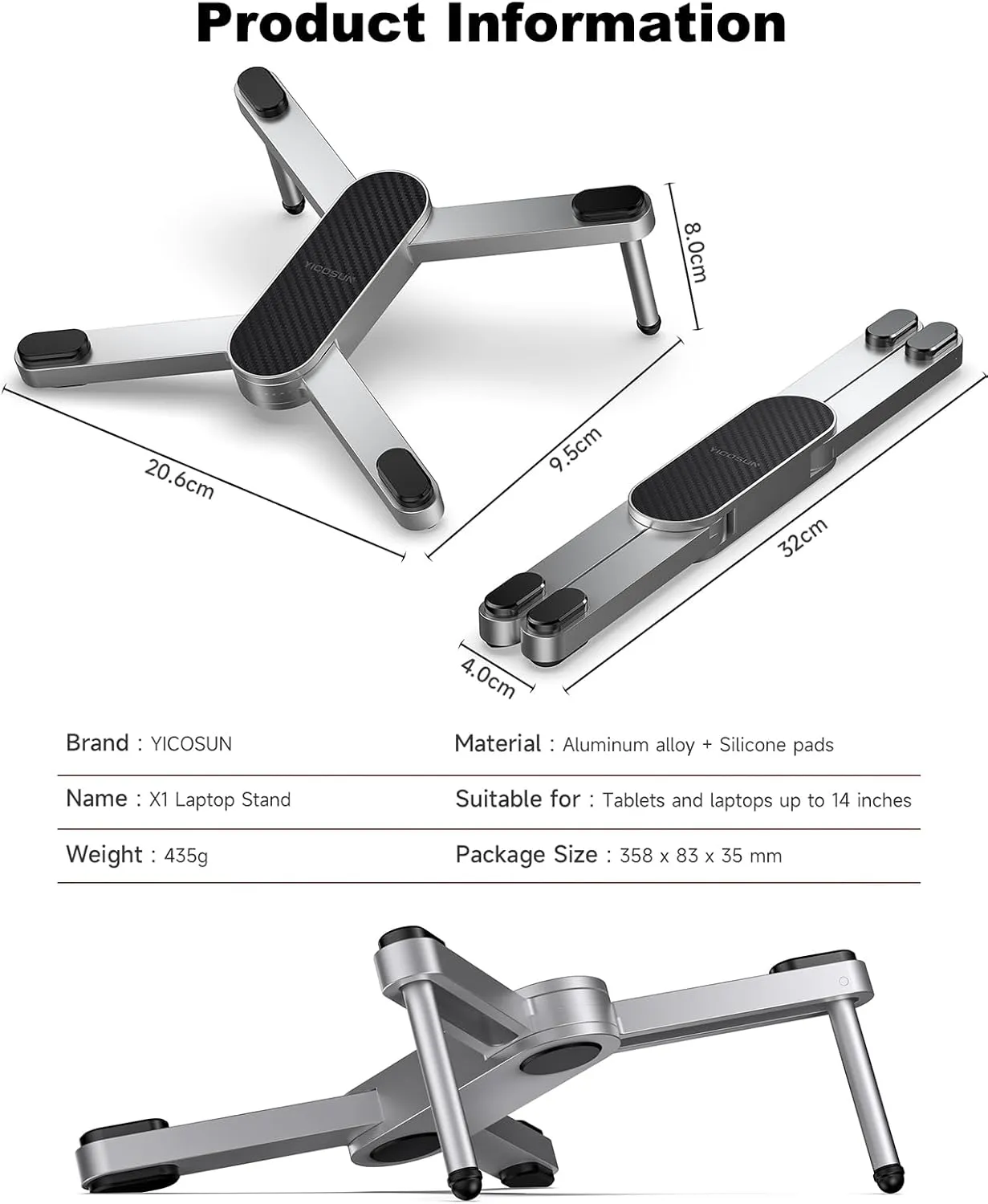 Foldable Laptop Stand for Desk: Portable Aluminum Computer Stand - Ergonomic 20° Angle Notebook Holder for Home Office ＆ Travel, Durable Laptop Riser Compatible with MacBook Pro/Air 10-15.6'' - Silver