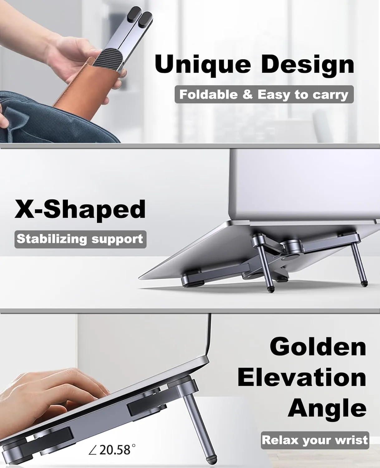 Foldable Laptop Stand for Desk: Portable Aluminum Computer Stand - Ergonomic 20° Angle Notebook Holder for Home Office ＆ Travel, Durable Laptop Riser Compatible with MacBook Pro/Air 10-15.6'' - Silver