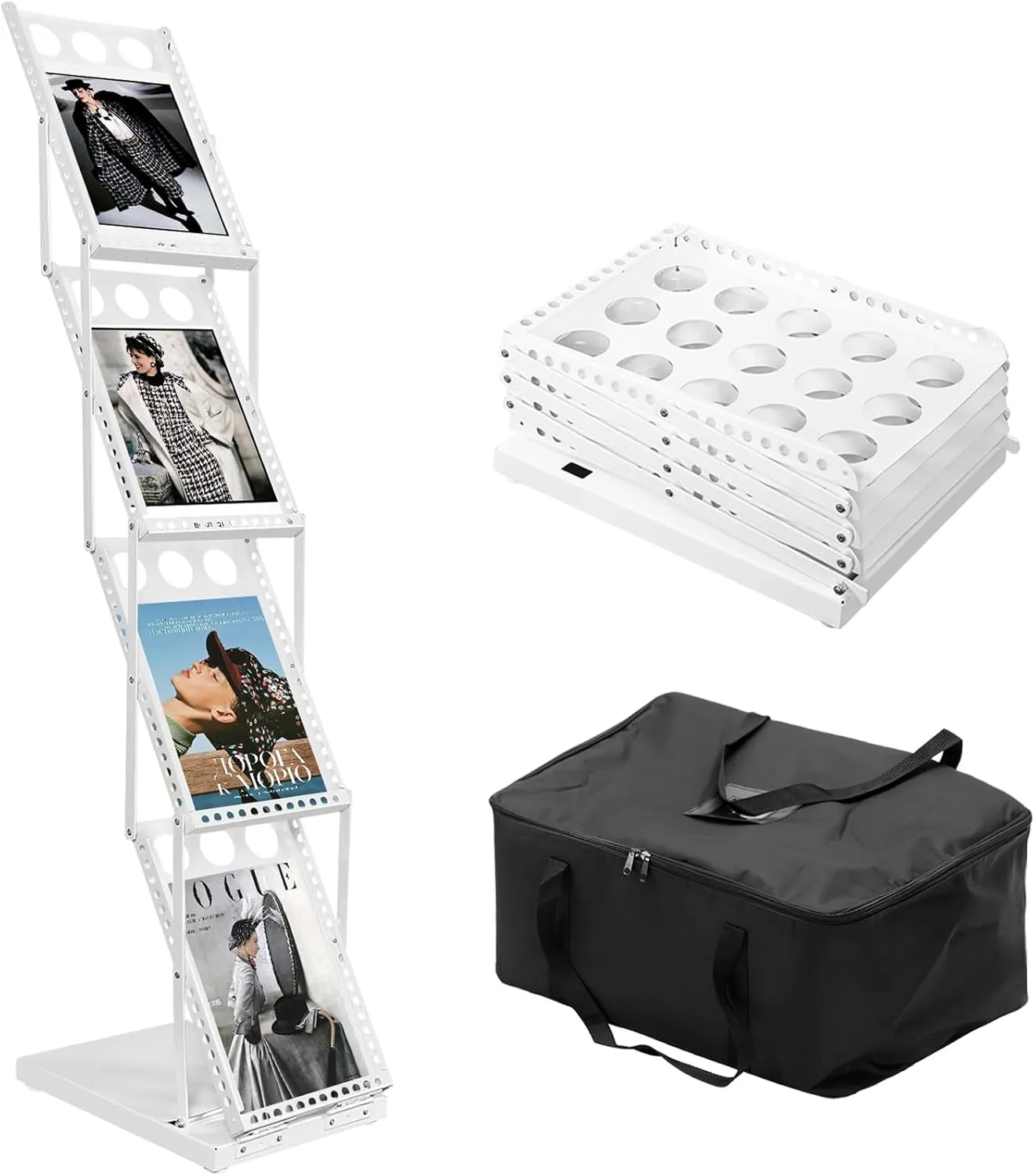 Foldable Magazine Rack Stand with 4 Pockets, Portable Brochure Display Stand for Office, Trade Shows, and Exhibitions, Includes Carrying Bag (White)