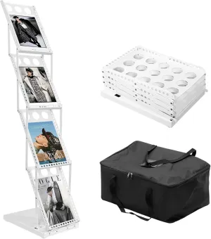 Foldable Magazine Rack Stand with 4 Pockets, Portable Brochure Display Stand for Office, Trade Shows, and Exhibitions, Includes Carrying Bag (White)