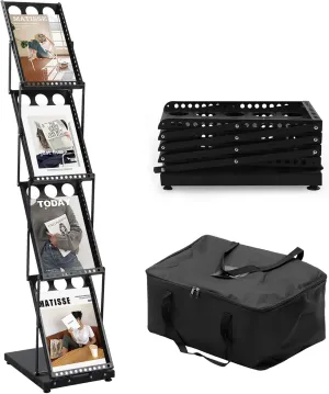 Foldable Magazine Stand with 4 Pockets, Portable Brochure and Literature Display Rack for Office, Trade Shows, and Exhibitions, Includes Carrying Bag (Black)