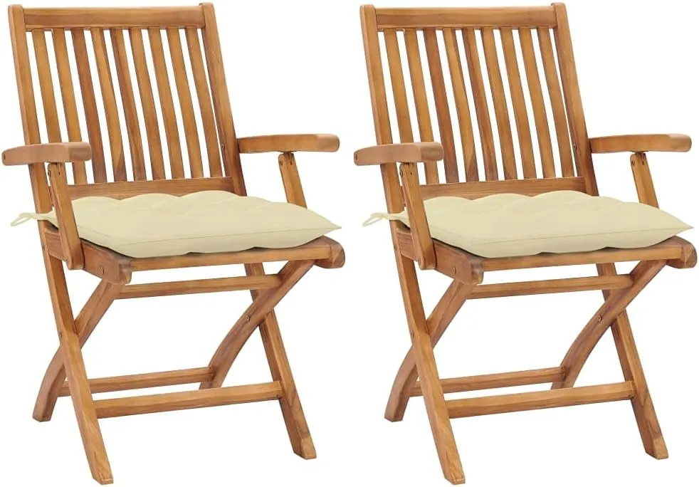 Foldable Patio Chairs Set of 2 with Cream White Cushions Solid Teak Wood for Outdoor Indoor Use