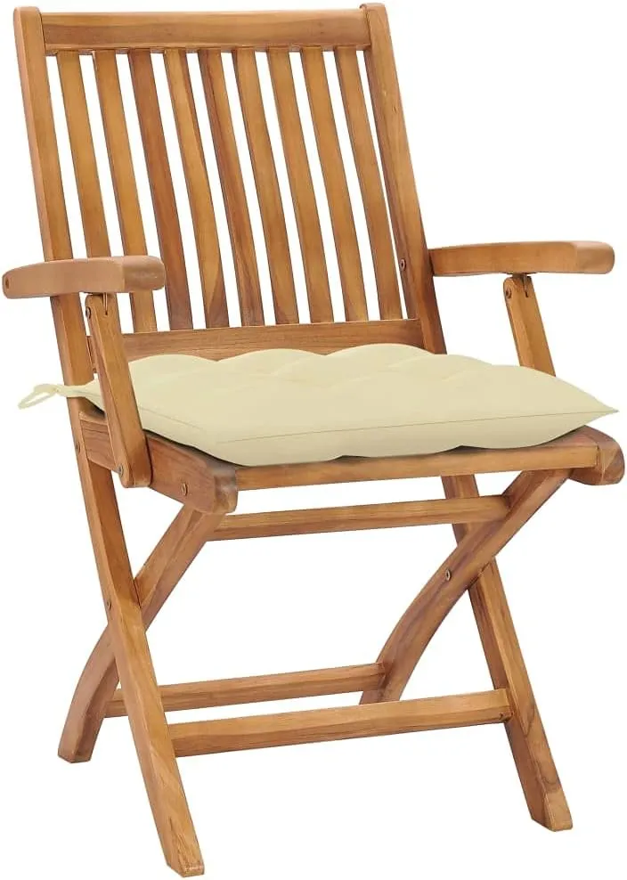 Foldable Patio Chairs Set of 2 with Cream White Cushions Solid Teak Wood for Outdoor Indoor Use