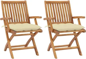 Foldable Patio Chairs Set of 2 with Cream White Cushions Solid Teak Wood for Outdoor Indoor Use