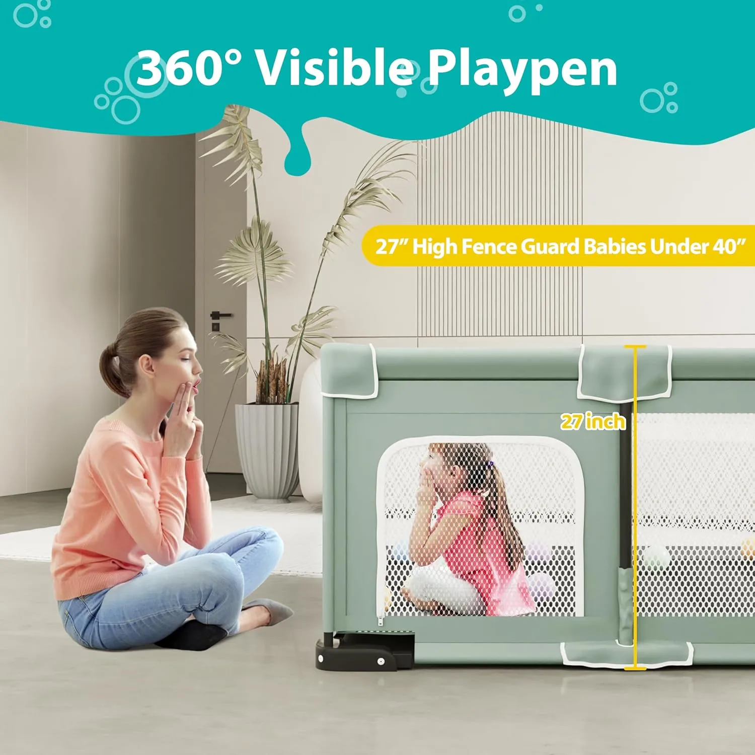 Foldable Playpen for Babies and Toddlers, 50x50 Inches Portable Playpen, Kids Collapsible Play Pen with 2 Handlers, Indoor & Outdoor Baby Fence Play Area with Visible Mesh, Light Green