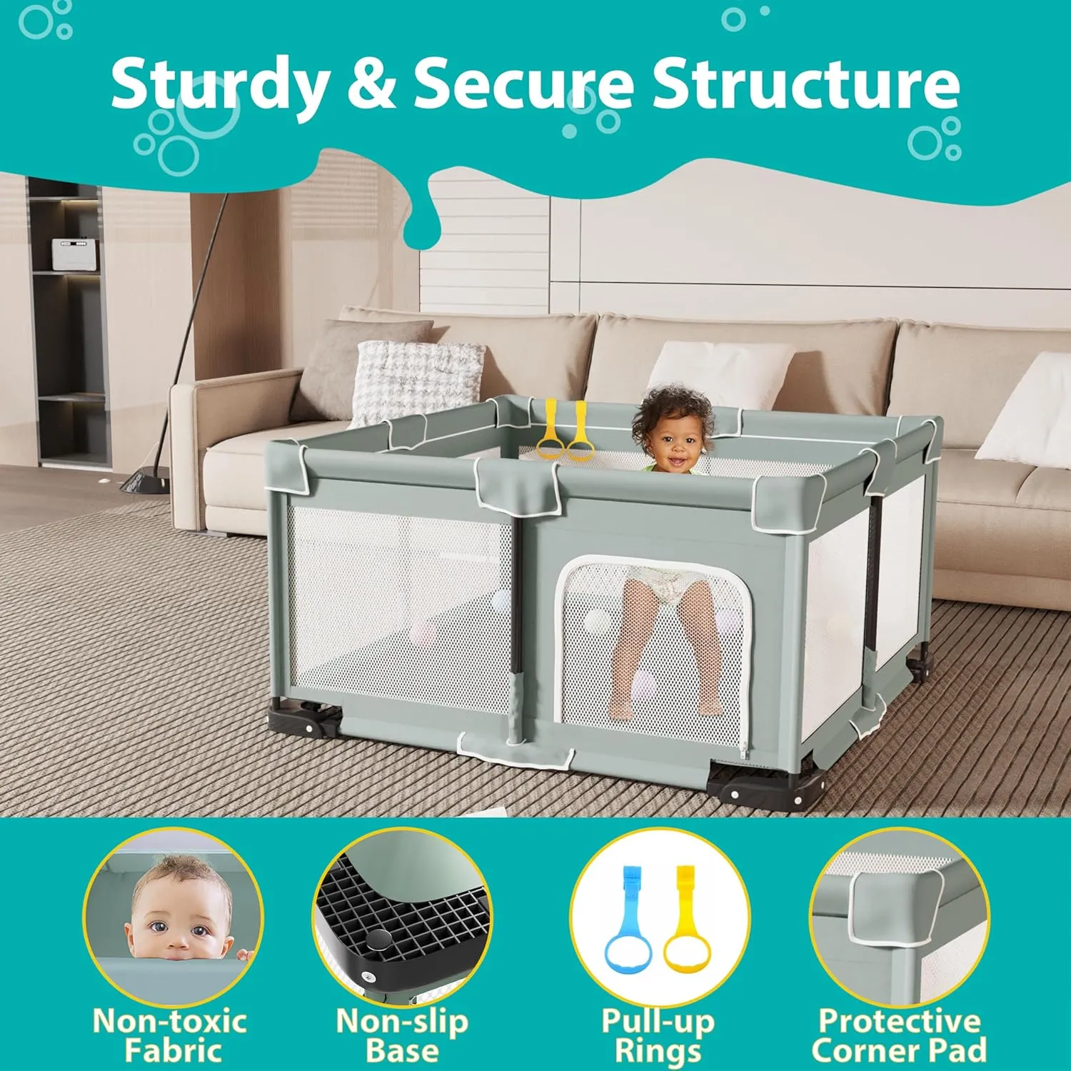 Foldable Playpen for Babies and Toddlers, 50x50 Inches Portable Playpen, Kids Collapsible Play Pen with 2 Handlers, Indoor & Outdoor Baby Fence Play Area with Visible Mesh, Light Green
