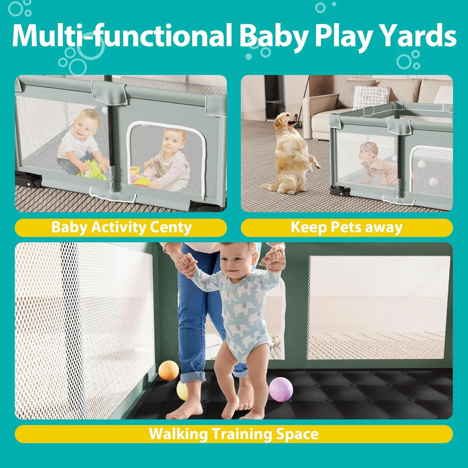 Foldable Playpen for Babies and Toddlers, 50x50 Inches Portable Playpen, Kids Collapsible Play Pen with 2 Handlers, Indoor & Outdoor Baby Fence Play Area with Visible Mesh, Light Green