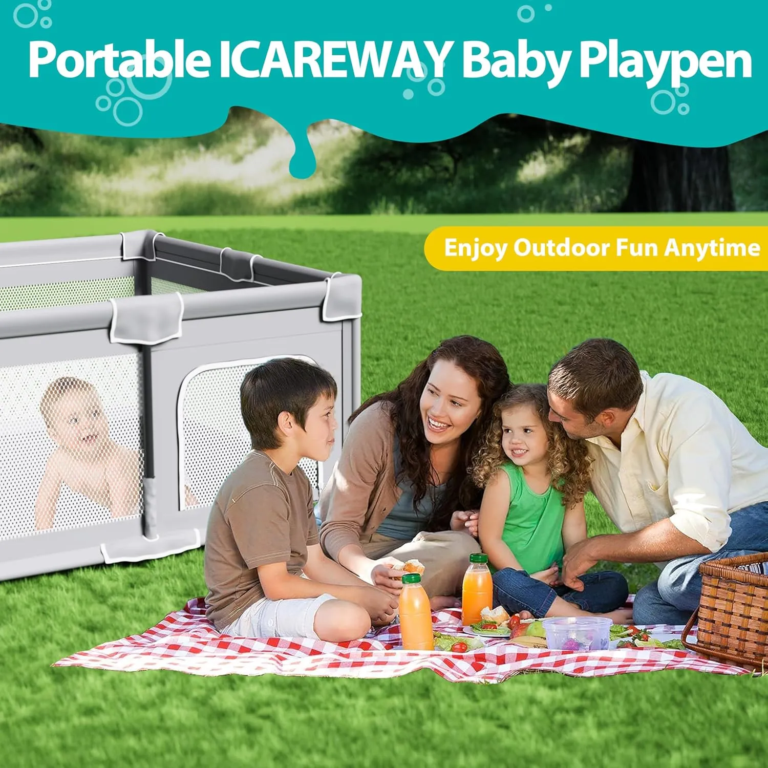 Foldable Playpen for Babies and Toddlers, 50x50 Inches Portable Playpen, Kids Collapsible Play Pen with 2 Handlers, Indoor & Outdoor Baby Fence Play Area with Visible Mesh, Light Green