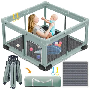 Foldable Playpen for Babies and Toddlers, 50x50 Inches Portable Playpen, Kids Collapsible Play Pen with 2 Handlers, Indoor & Outdoor Baby Fence Play Area with Visible Mesh, Light Green