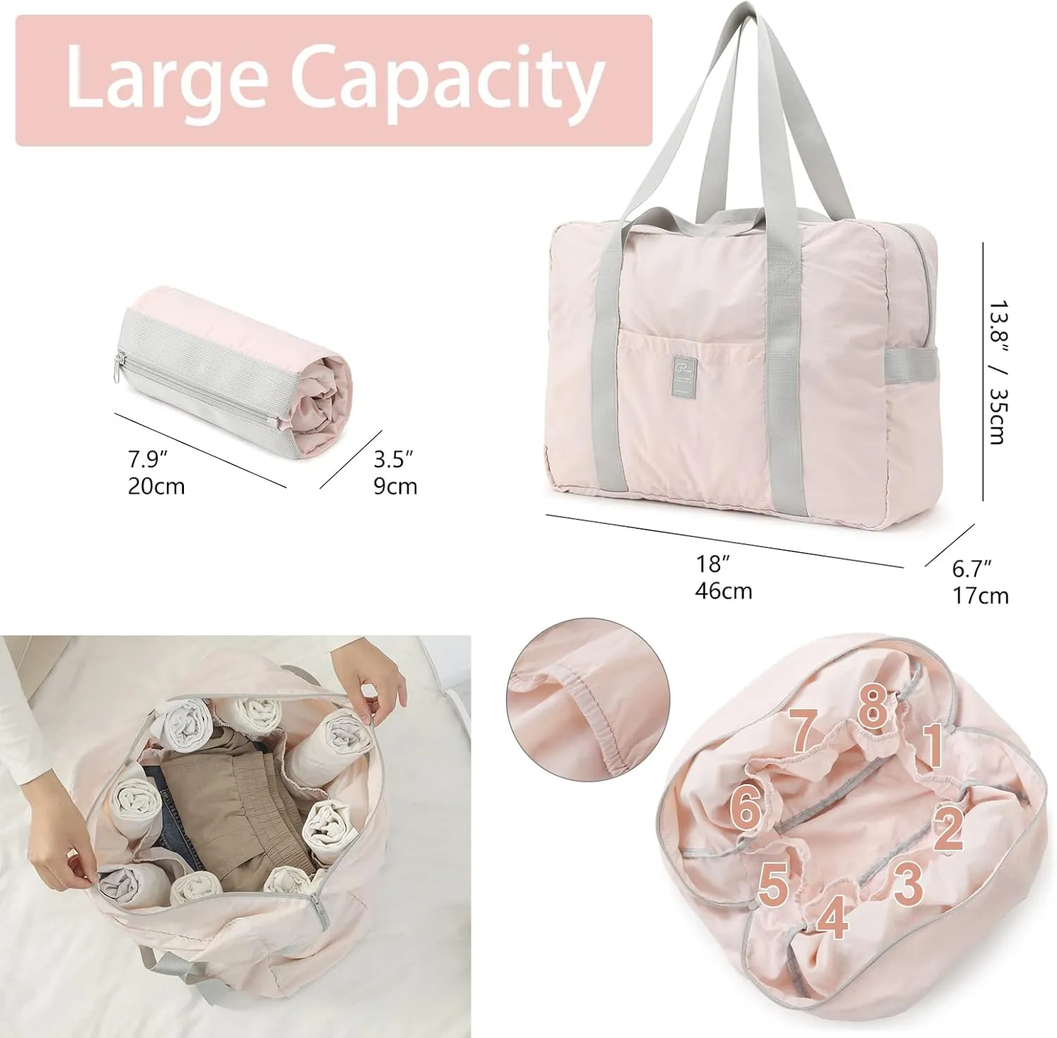 Foldable Travel Duffel Bag, 28L Weekender Overnight Carry on Luggage Bag, Lightweight Gym Tote Bag, Sports Bag, Hospital Bag for Women and Men, Light Pink