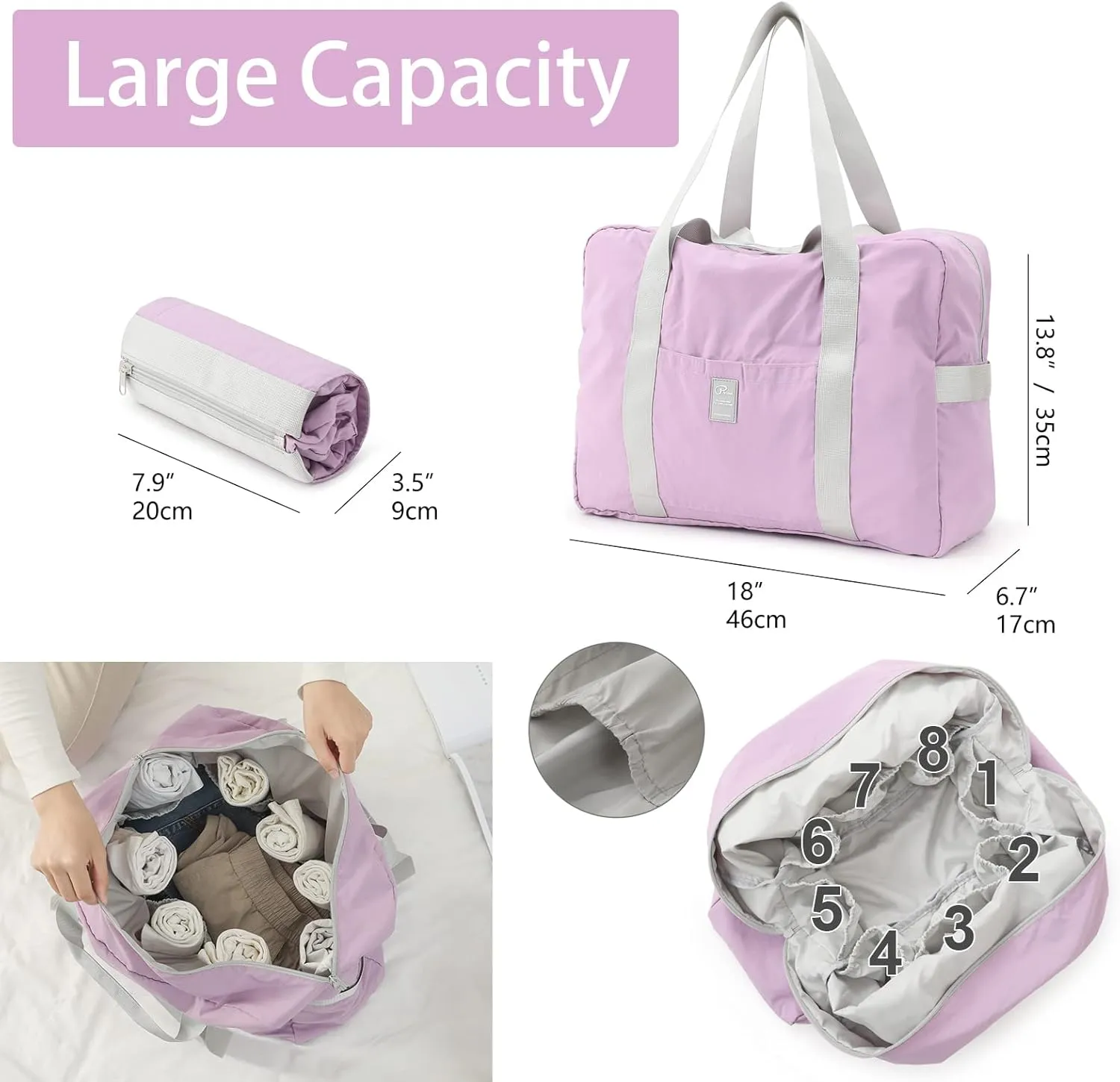 Foldable Travel Duffel Bag, 28L Weekender Overnight Carry on Luggage Bag, Lightweight Gym Tote Bag, Sports Bag, Hospital Bag for Women and Men, Light Purple