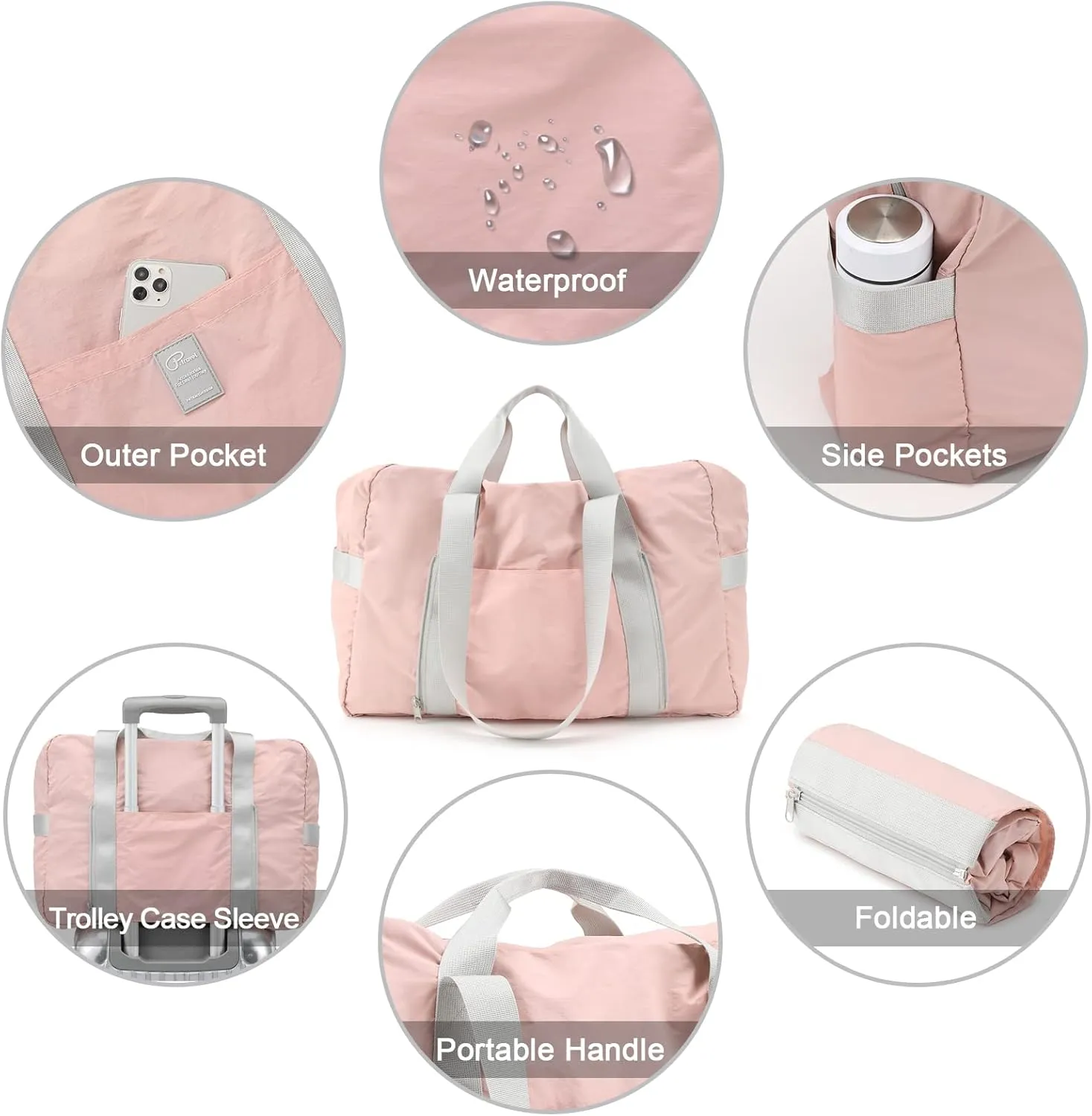 Foldable Travel Duffel Bag, 28L Weekender Overnight Carry on Luggage Bag, Lightweight Gym Tote Bag, Sports Bag, Hospital Bag for Women and Men, Pink