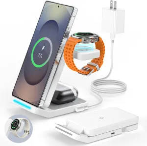 Foldable Wireless Charger for Samsung, 3 in 1 Fast Wireless Charging Station Stand for Samsung Galaxy S25 Ultra S24/S23/S22/S21/Note 20/Z Flip/Fold 6/5,Galaxy Watch Ultra/7/6/5 Pro, Galaxy Buds, White