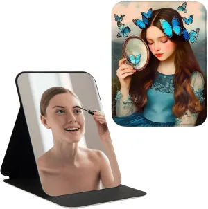 Folding Travel Makeup Mirror with Stand for Women,Pocket Mirror for Purse,Portable Folding Make Up Tabletop Mirror Compact Vanity Mirror for Daily,Work,Business, Beautiful Girl Blue Butterfly