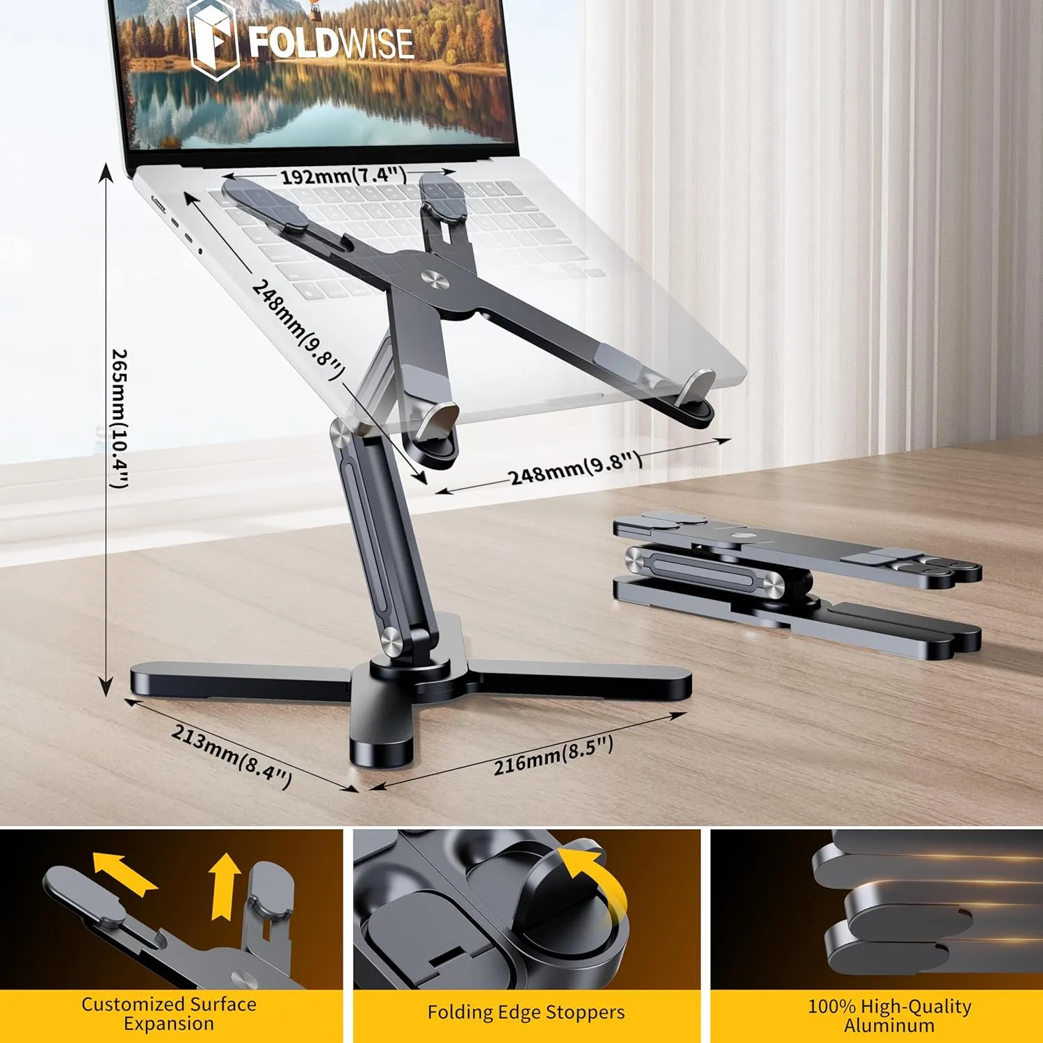 FoldWise X Laptop Stand for Desk - 100% Aluminum, 360° Rotating Base, Foldable, Adjustable Height & Angles Laptop Riser - Sturdy & Portable MacBook Stand, Computer Holder for 11-18”