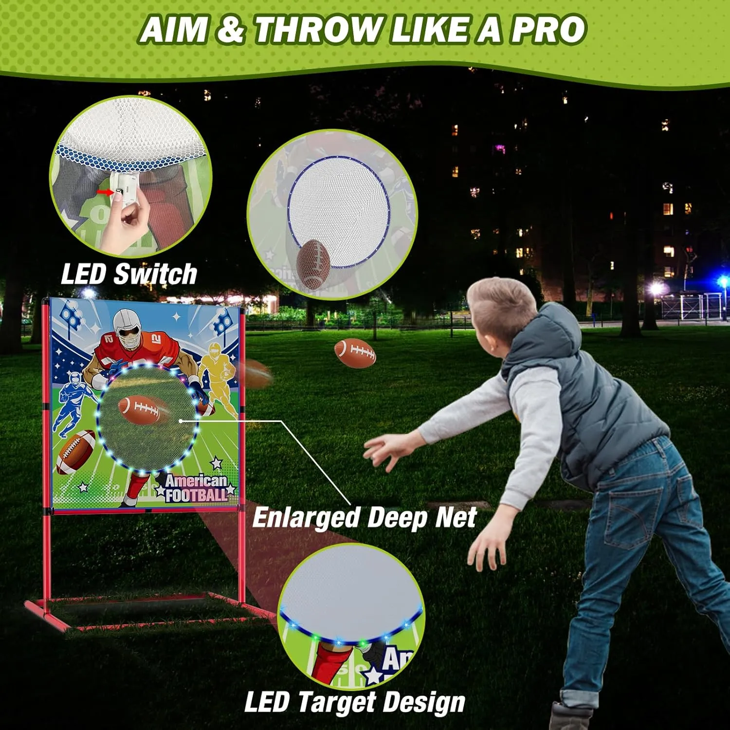 Football Toss Game with 4 Inflatable Footballs, LED Light up Throwing Target Game, Football Target Practice for Kids, Indoor Outdoor Backyard Yard Garden Sports Toys Gifts for Boys Girls 6-8 8-12