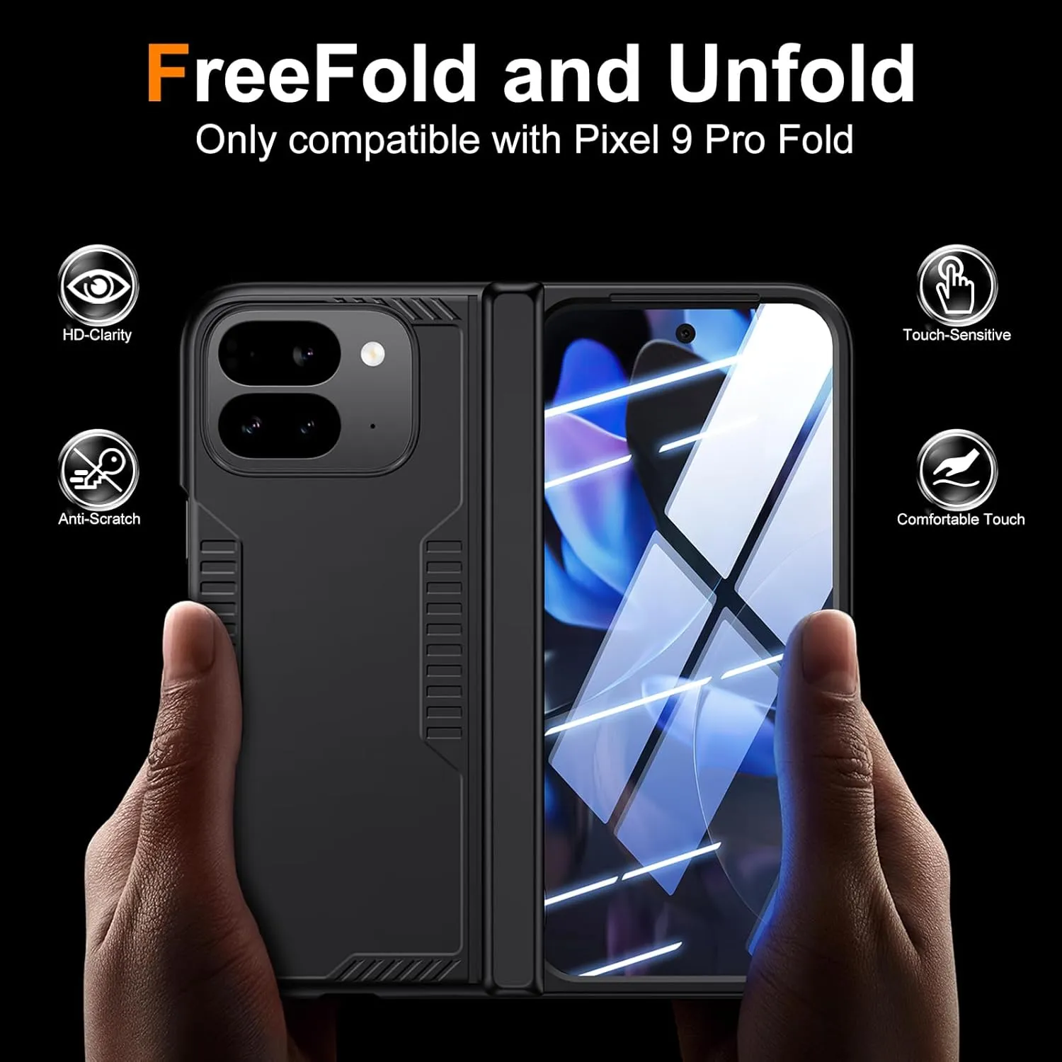 for Google Pixel-9-Pro Fold Case: Slim Hinge Stand Case with Screen Protector - Support Wireless Charging - Soft Protective Phone Cover for Google Pixel 9Pro Fold (Black)