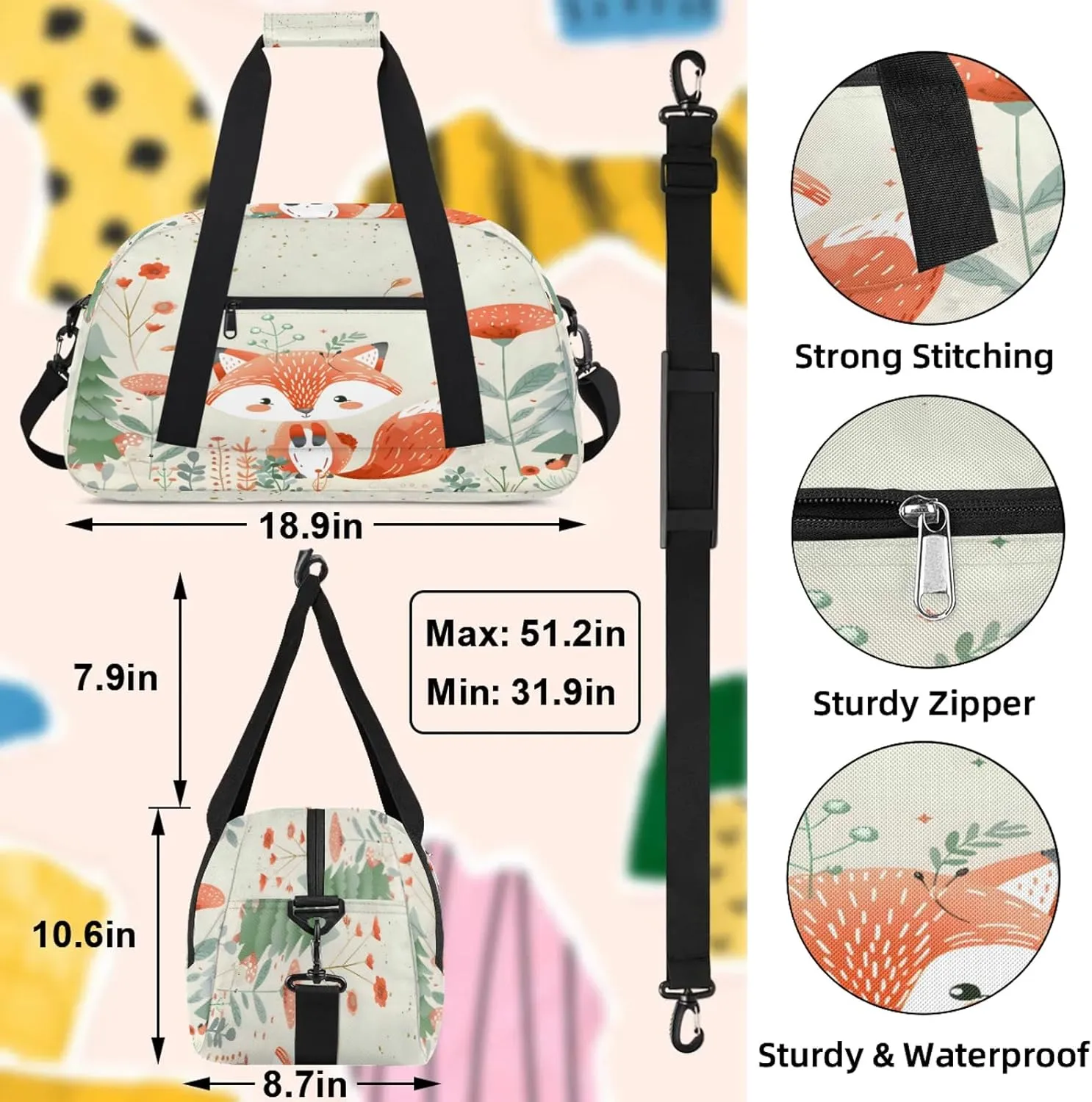 Fox Animals Cute Wildlife Small Gym Bag 18 inch Carry On Duffel Bag for Weekender Travel Sports Workout Yoga Gymnastics Dance Ballet