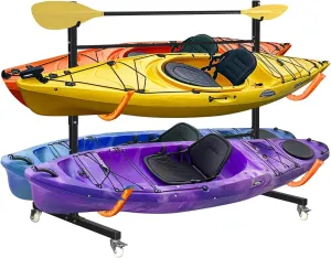 Freestanding Kayak Storage Rack 2 Kayaks/4 Kayaks, Kayak Racks for Outdoor Storage with Movable Wheels, Kayak Stand Heavy Duty Storage Wide Adjustable for Kayak, Canoe, SUP and Surfboard
