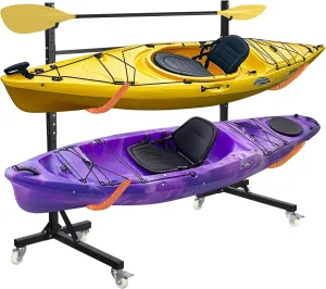 Freestanding Kayak Storage Rack 2 Kayaks/4 Kayaks, Kayak Racks for Outdoor Storage with Movable Wheels, Kayak Stand Heavy Duty Storage Wide Adjustable for Kayak, Canoe, SUP and Surfboard
