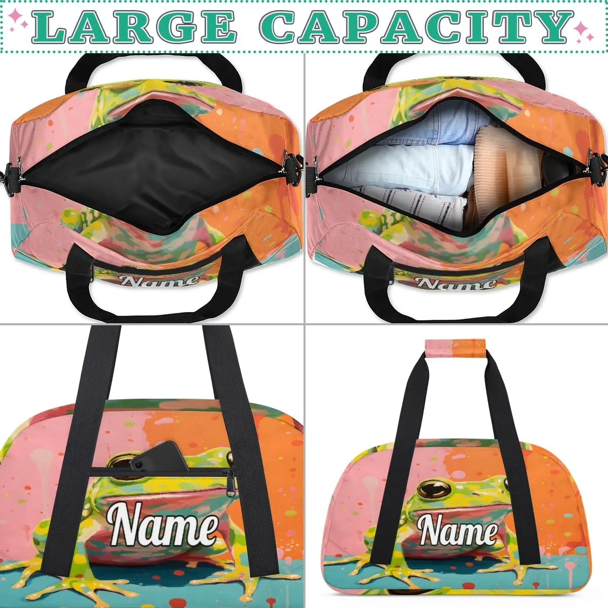 Frog Animal Personalized Kids Gym Bag Custom Name Sport Duffel Bag Dance Ballet Bag for Girls Practice Workout Bag