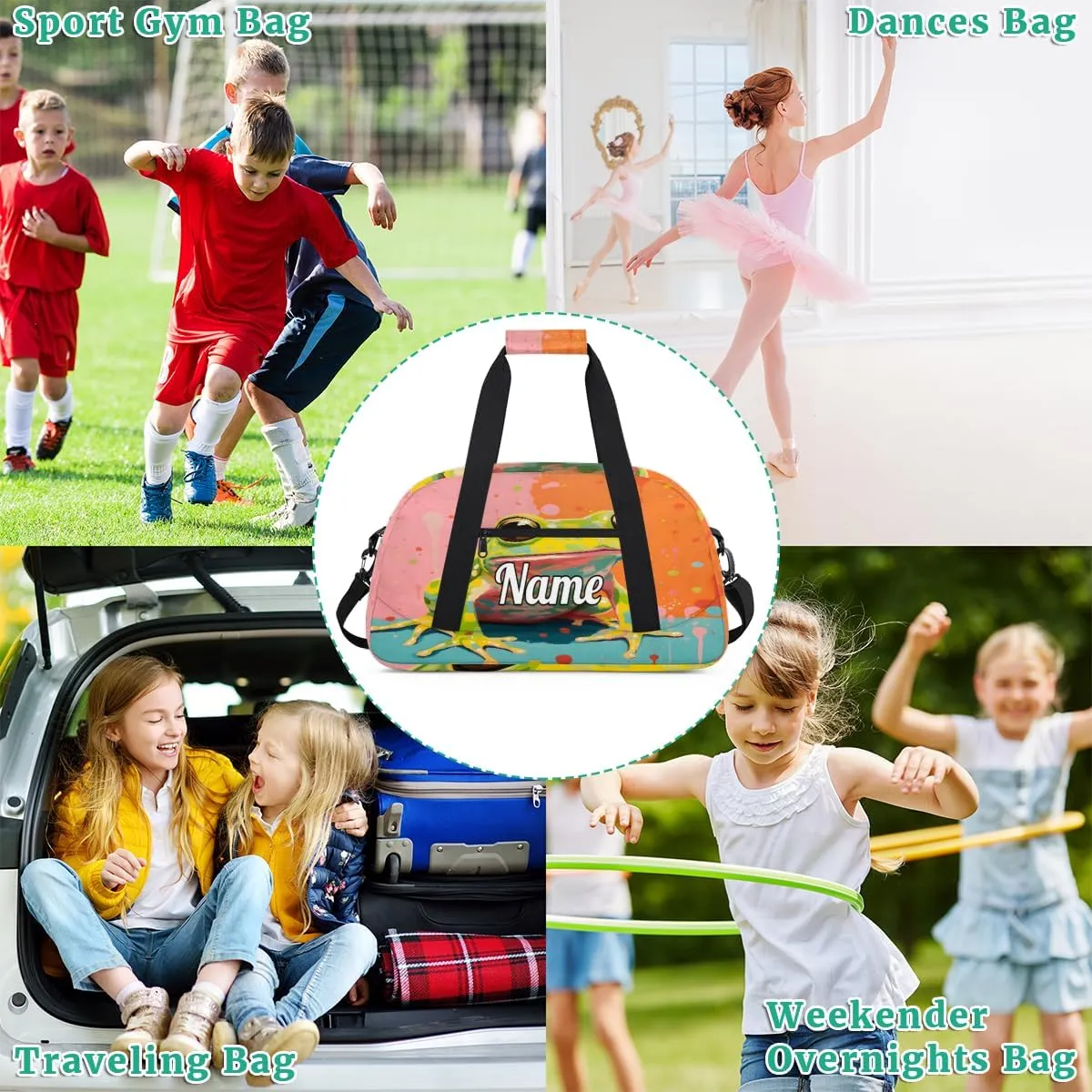 Frog Animal Personalized Kids Gym Bag Custom Name Sport Duffel Bag Dance Ballet Bag for Girls Practice Workout Bag