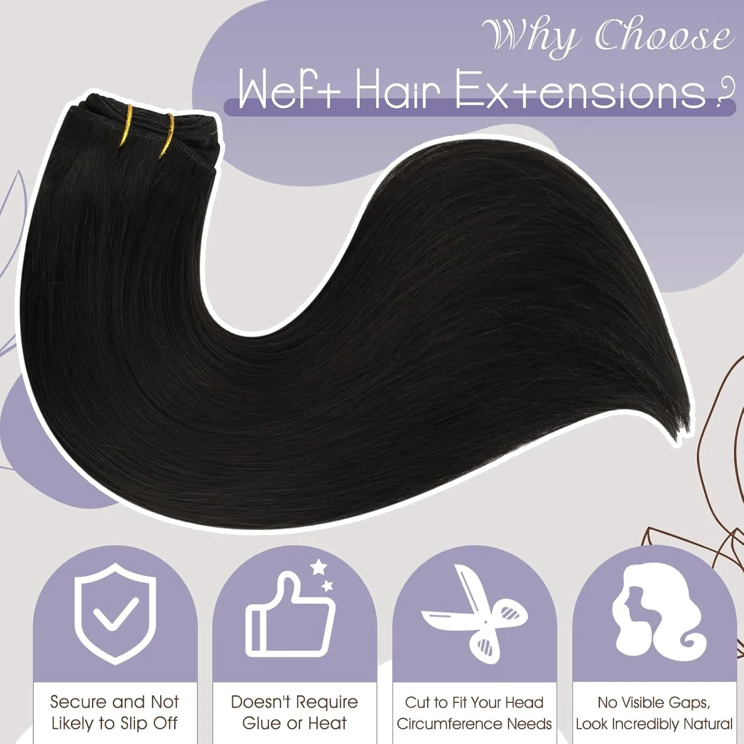Full Shine Hair Extensions Weft Real Human Hair Black Sew in Hair Extensions #1B Off Black 24inch and Long Hair Extension Storage Bag With Hair Extension